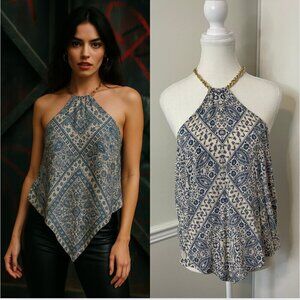 Eloquii Scarf Print Top with Chain Neckline